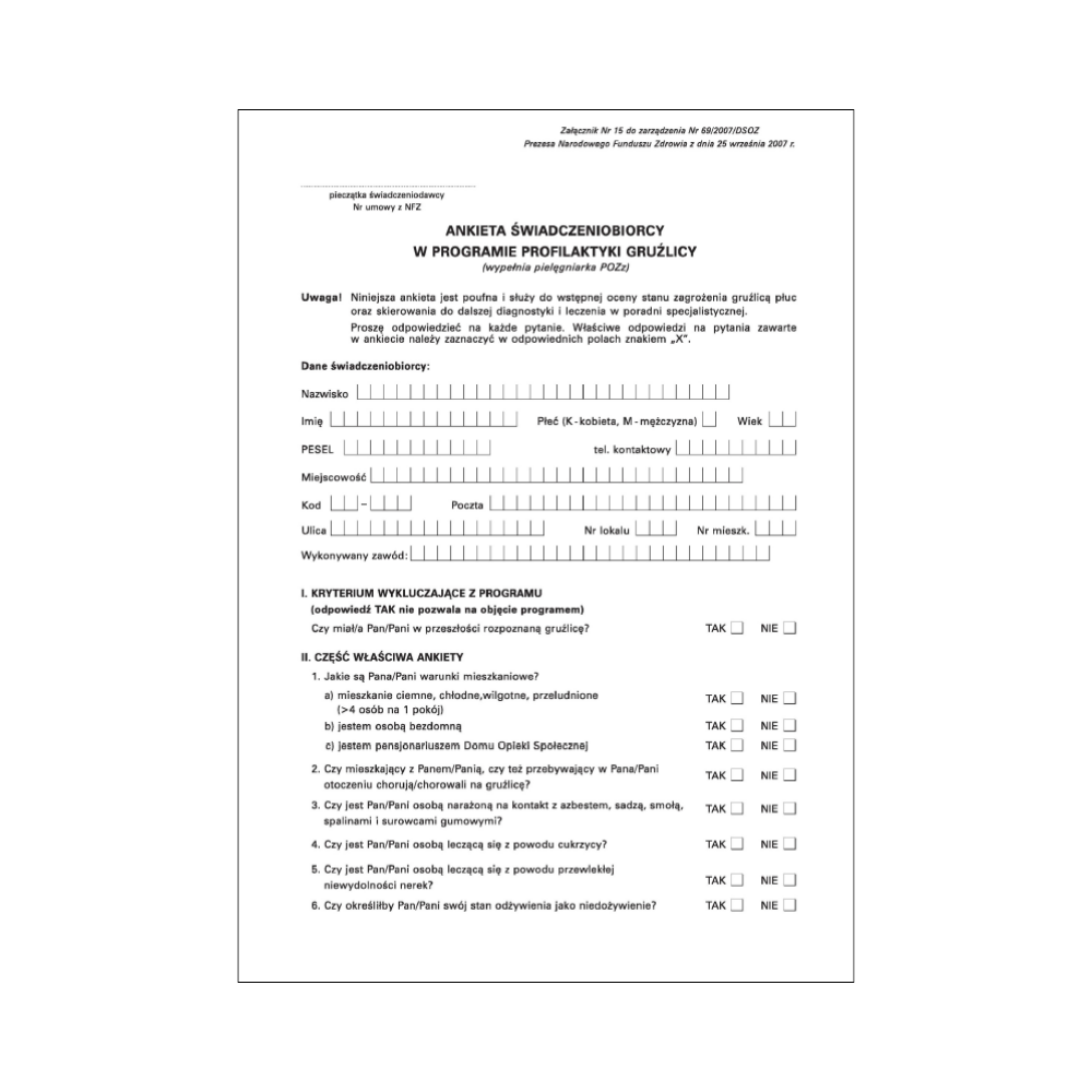 Ankieta świadczeniobiorcy w programie profilaktyki gruźlicy A4 - 100 szt