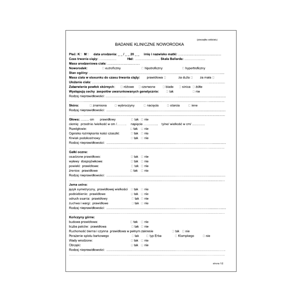 Badanie kliniczne noworodka A4 - 100 szt